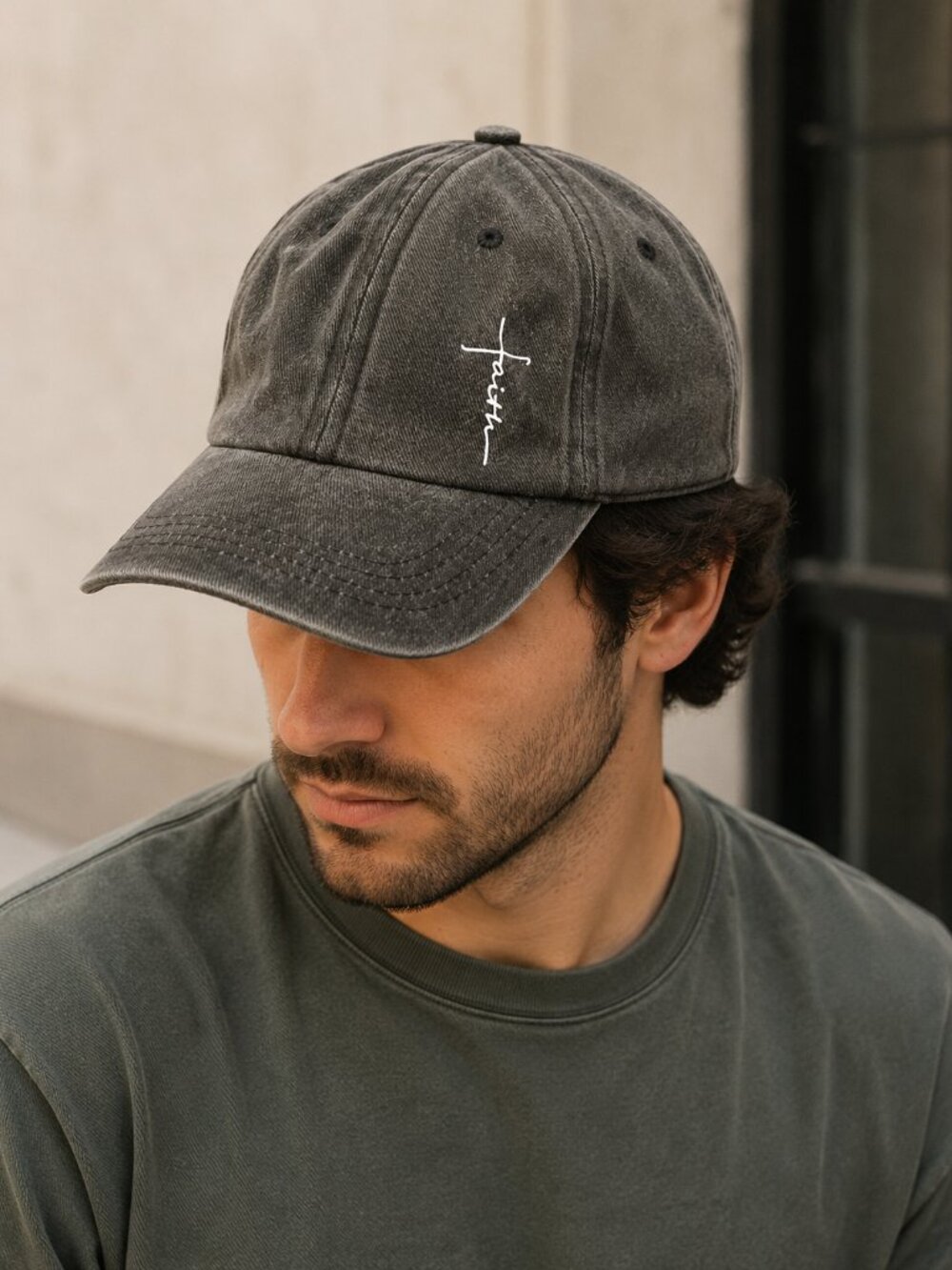 Faith Cross Script Baseball Cap Unisex Grey Distressed Hat Adjustable Christian